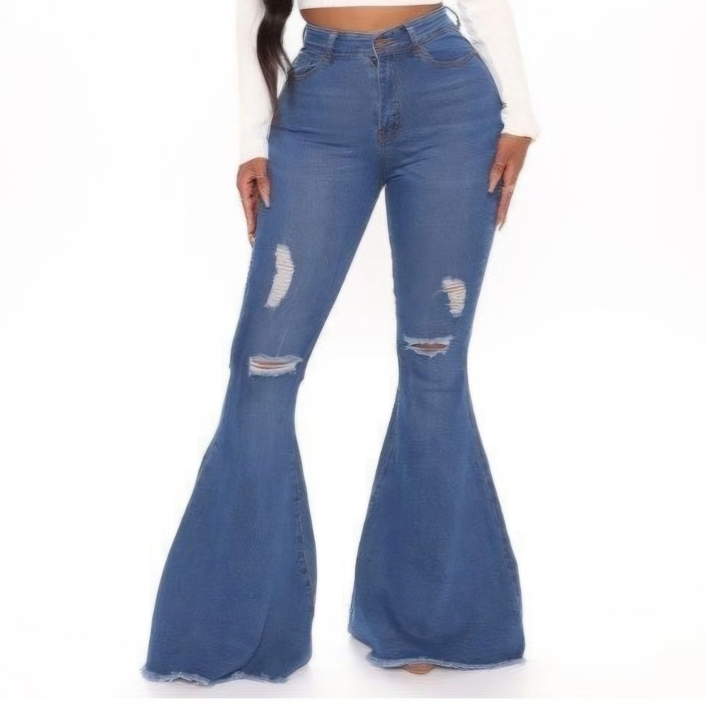 Fashion Nova High Waist Ripped Flare Jeans Size 11 Bell Bottom Stretch Denim NWT